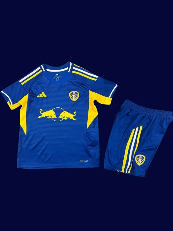 Leeds United Away Blue Kids Kits 25/26 front with blue away palette and mini crest.