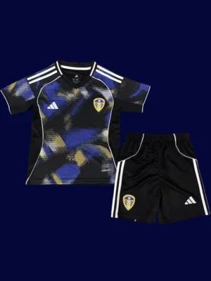 Leeds United Third Kids Kits 25/26 front with third kit design and mini crest.