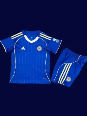 Leicester City Home Kids Kits 25/26 front with mini crest and youth-friendly fit.