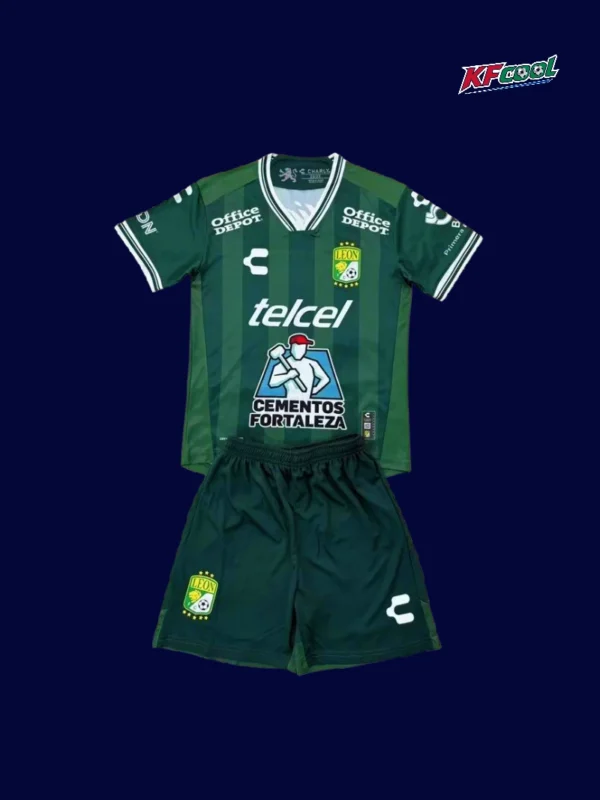 Club Leon home kids kits 25/26 front green white stripes