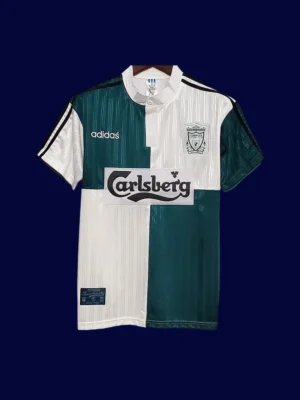 front view of Liverpool away green retro jersey (95/96) with vintage style.