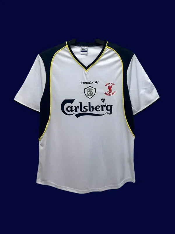 front view of Liverpool away Super Cup Final retro jersey (01/02) in white with classic trims.