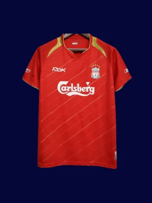 front view of Liverpool home red retro jersey (05/06) with modern trims.