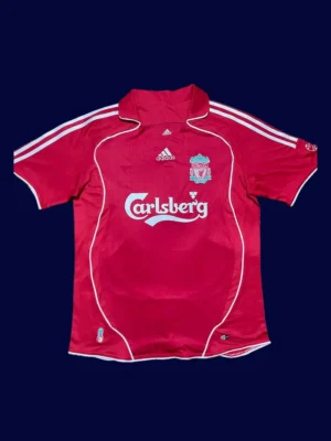 front view of Liverpool home red retro jersey (06/08) with crew neck.