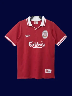 front view of Liverpool home red retro jersey (96/97) with classic trims.
