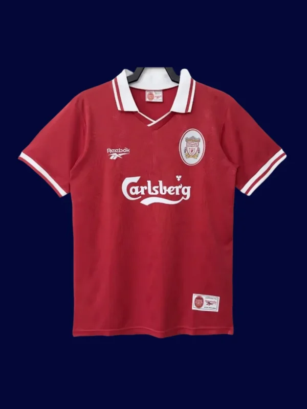 front view of Liverpool home red retro jersey (96/97) with classic trims.