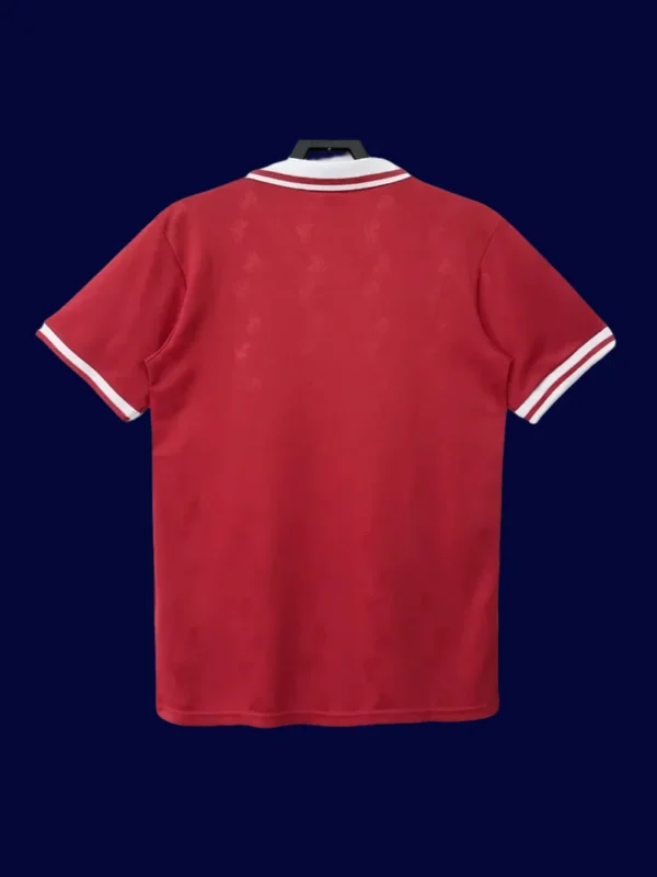 back view of Liverpool home red retro jersey (96/97) showing reinforced back panel.