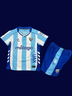 Malaga Bilbao Home Kids Kits 25/26 front with mini crest and child sizing.