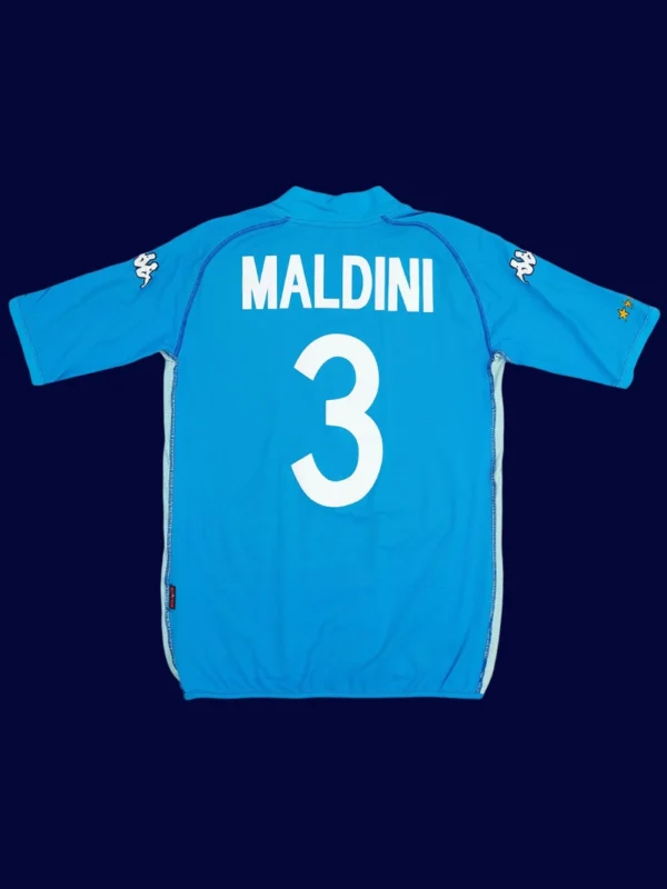 Maldini Italy home blue retro jersey back World Cup 2002 with #3, high-quality breathable design.