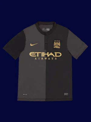 front view of Manchester City away black retro jersey (13/14) with long sleeves.
