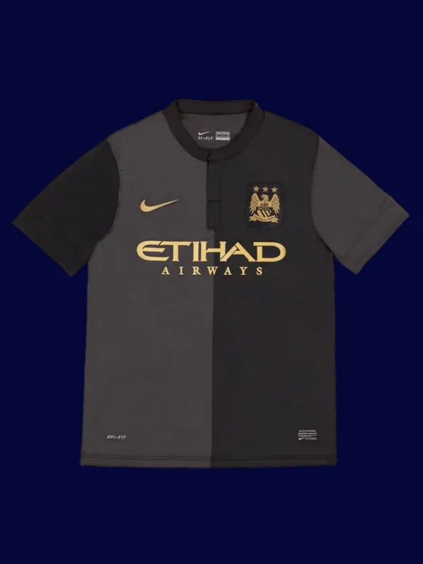 front view of Manchester City away black retro jersey (13/14) with long sleeves.