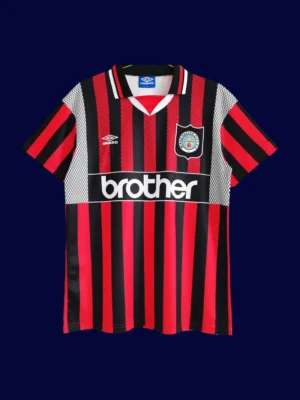 front view of Manchester City away retro jersey (94/96) in sky blue with vintage trim.