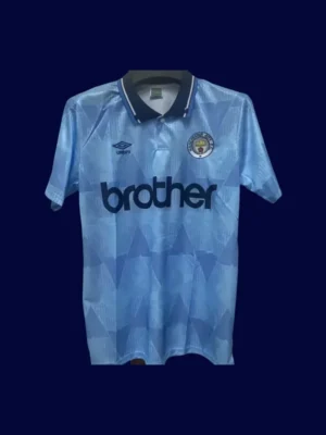 front view of Manchester City home blue retro shirt (1989) with classic collar.