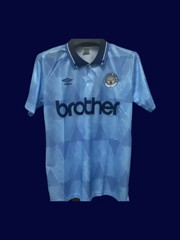 front view of Manchester City home blue retro shirt (1989) with classic collar.