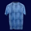 back view of home blue retro shirt (1989) showing stitched back panel.