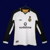 front view of Manchester United 100th Centenary long sleeve retro jersey (01/02) in red.