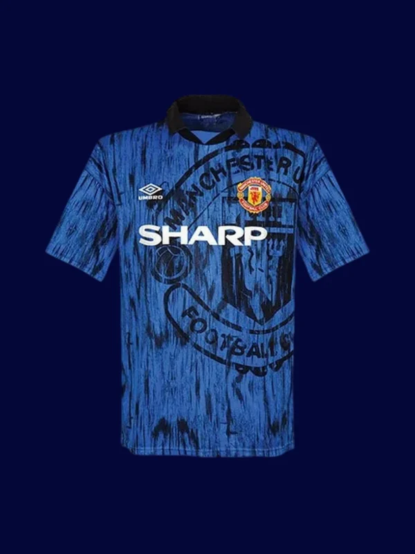 front view of Manchester United away blue retro jersey (92/93) with vintage trims.