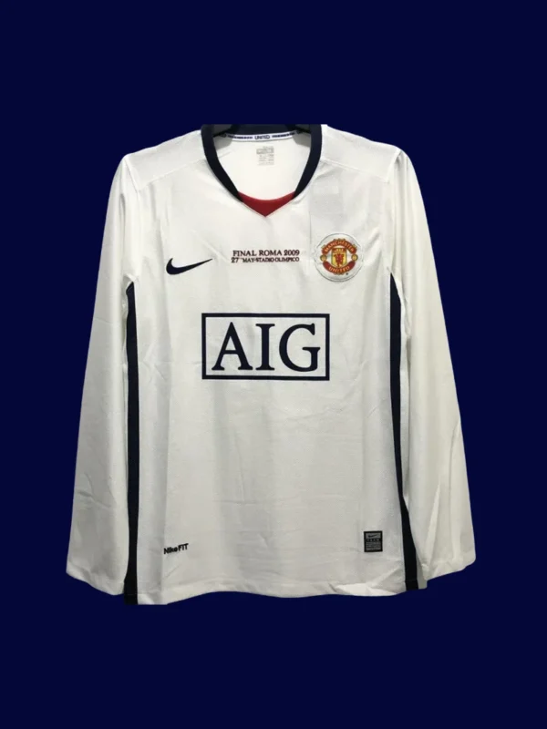 front view of Manchester United away UCL retro long sleeve jersey (08/09) with blue base and vintage trims.
