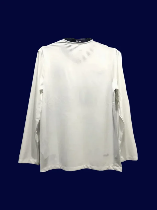 back view of long sleeve UCL away retro jersey (08/09) showing reinforced back and number-ready panel.