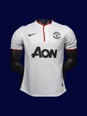 front view of Manchester United away white player-fit retro jersey (13/14) with slim athletic cut.