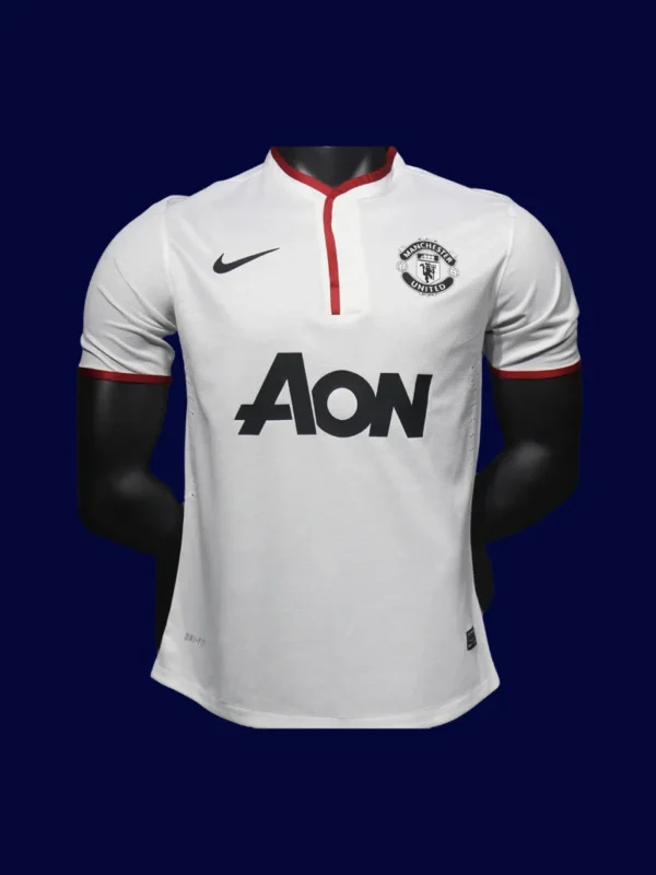front view of Manchester United away white player-fit retro jersey (13/14) with slim athletic cut.