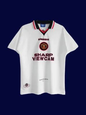 front view of Manchester United away white retro jersey (96/97) with traditional styling.