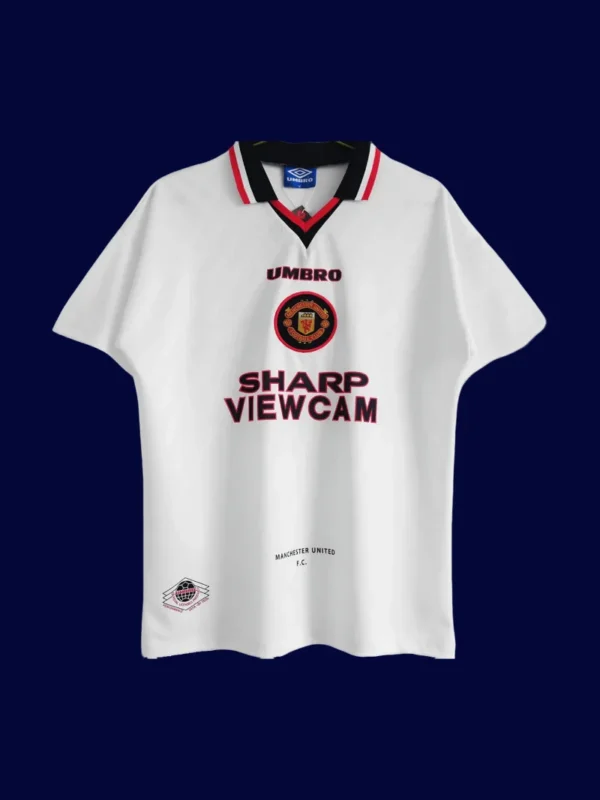 front view of Manchester United away white retro jersey (96/97) with traditional styling.