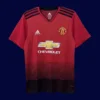 front view of Manchester United home red retro jersey (18/19) with modern cut and classic trims.