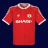 front view of Manchester United home red retro jersey (90/92) with classic collar.