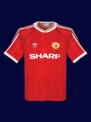 front view of Manchester United home red retro jersey (90/92) with classic collar.