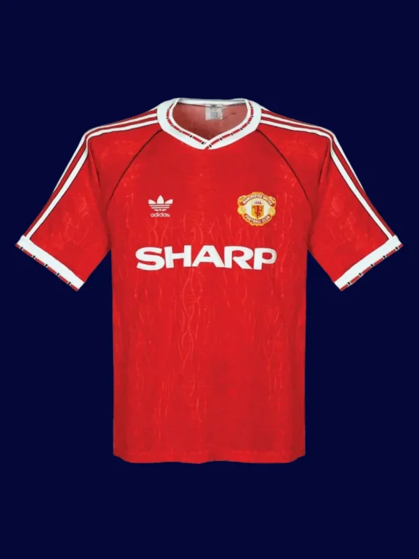 front view of Manchester United home red retro jersey (90/92) with classic collar.
