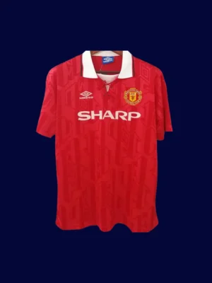 front view of Manchester United home red retro jersey (92/94) with classic V-neck.