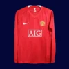 front view of Manchester United home retro long sleeve player-fit jersey (07/08) in red.