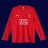 front view of Manchester United home retro long sleeve jersey (07/08) in red with classic cuffs.