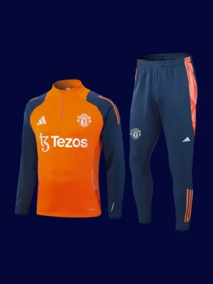 front view of orange Manchester United tracksuit (2025) with full zip and elastic cuffs.