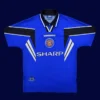 front view of Manchester United third blue retro jersey (96/98) with crew neck and retro trims.