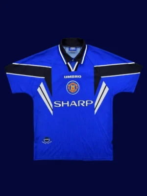 front view of Manchester United third blue retro jersey (96/98) with crew neck and retro trims.