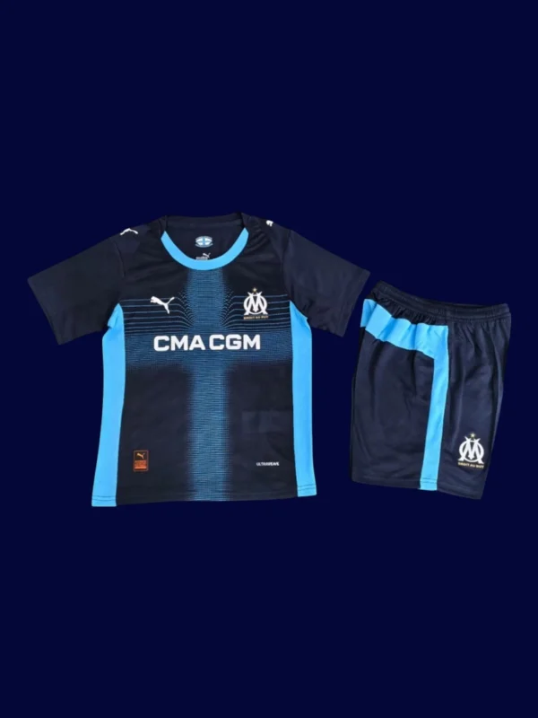 Marseille Away Kids kits 25/26 front lightweight breathable junior football shirt