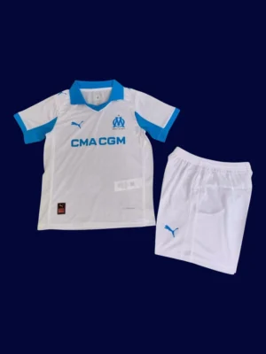 Marseille Home Kids kits 25/26 front lightweight breathable junior football shirt