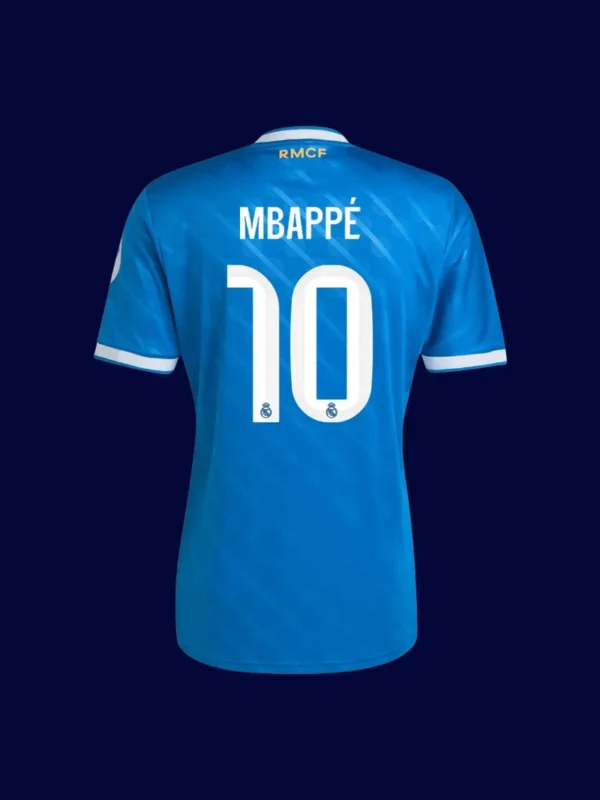 Mbappé Real Madrid third blue jersey back 25/26 with #10, high-quality breathable design.
