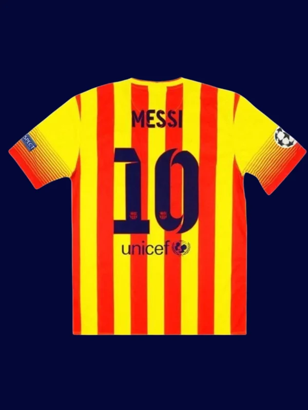 Messi 10 Barcelona Away Yellow Retro Jersey 1314B - KFCool – Football Jerseys & Soccer Kits Store Messi Barcelona away yellow retro jersey back 13/14 with #10, breathable and high-quality.
