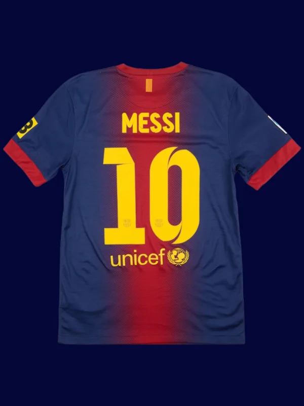 Messi Barcelona home retro jersey back 12/13 with #10, breathable and high-quality for fans.