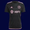 Messi iconic Inter Miami away black jersey front view, high-quality breathable fans collectible gear.