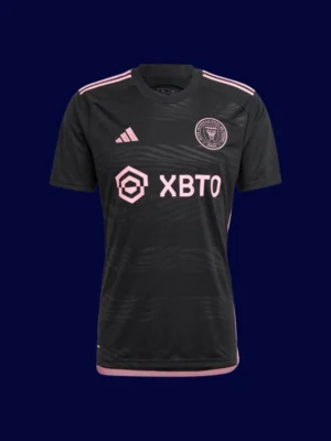 Messi iconic Inter Miami away black jersey front view, high-quality breathable fans collectible gear.