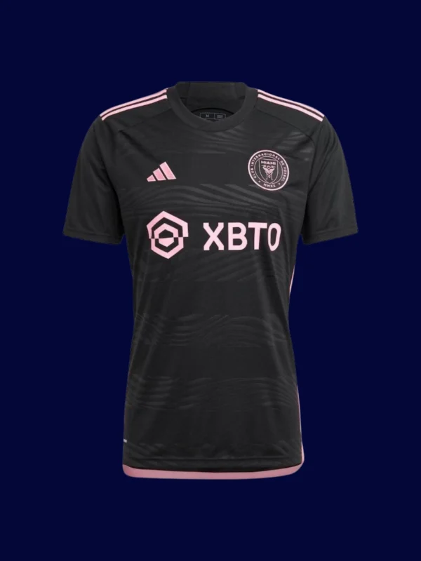 Messi iconic Inter Miami away black jersey front view, high-quality breathable fans collectible gear.