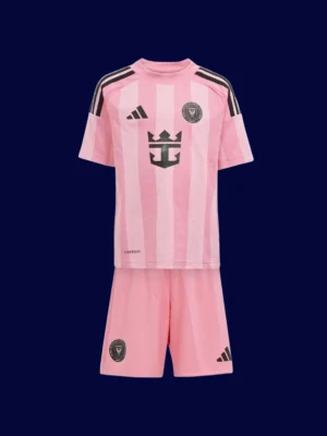 Messi Inter Miami home pink kids kit front 2025, high-quality breathable youth fan gear.