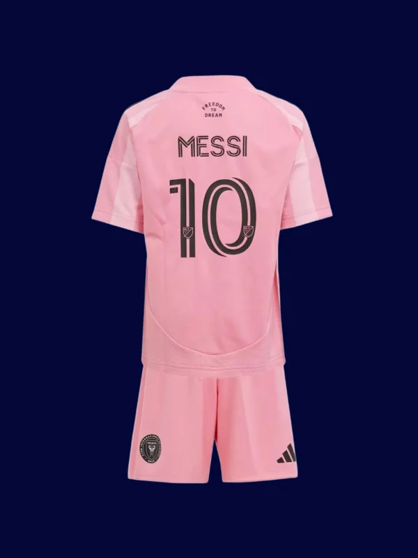 Messi Inter Miami home pink kids kit back 2025 with #10, breathable high-quality design.