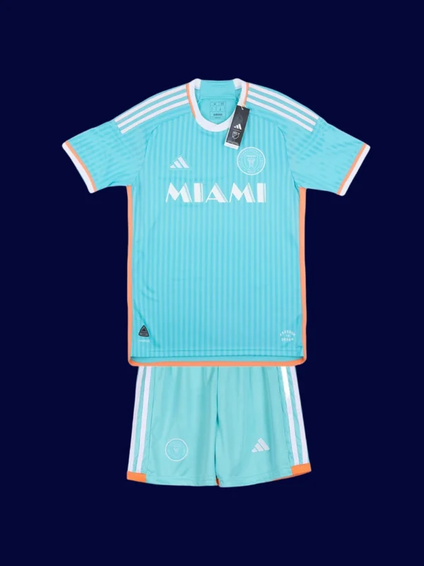 Messi Inter Miami third blue kids kit front 2025, high-quality breathable youth fan gear.