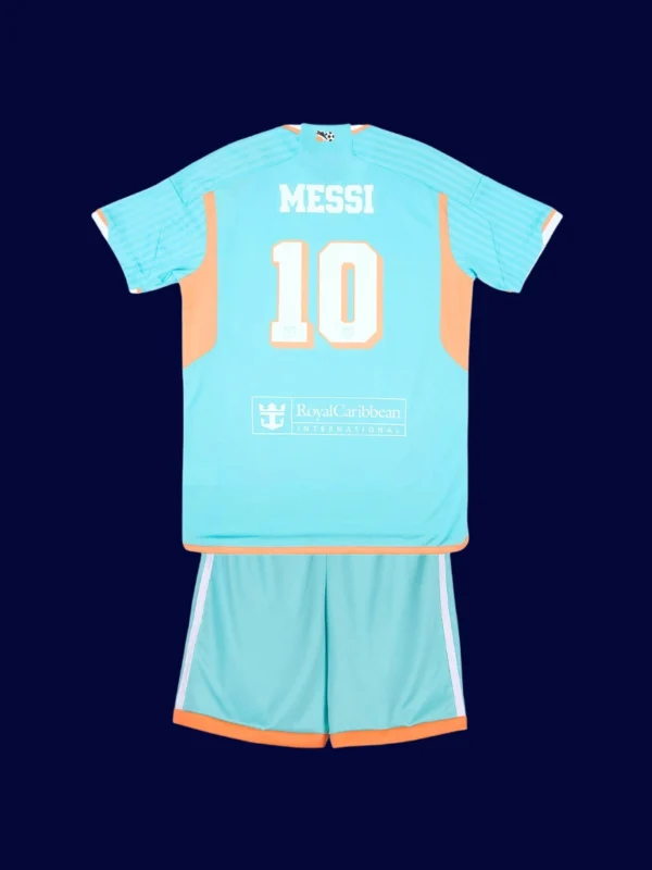 Messi Inter Miami third blue kids kit back 2025 with #10, breathable high-quality design.