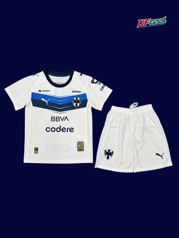Monterrey away kids kits 25/26 front white navy design